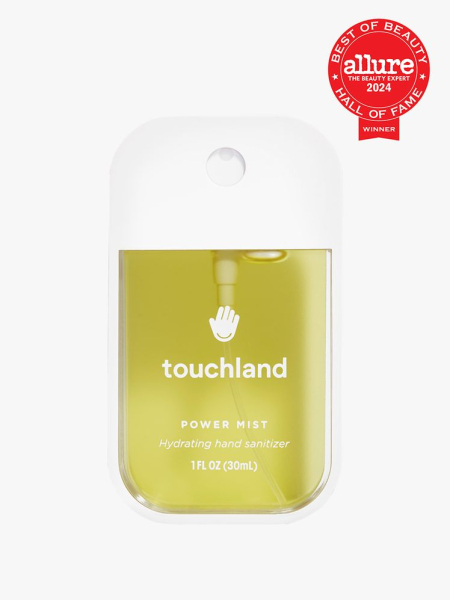 Touchland Power Mist white container of green hand sanitizer on light gray background with red Allure Best of Beauty Hall of Fame seal in the top right corner