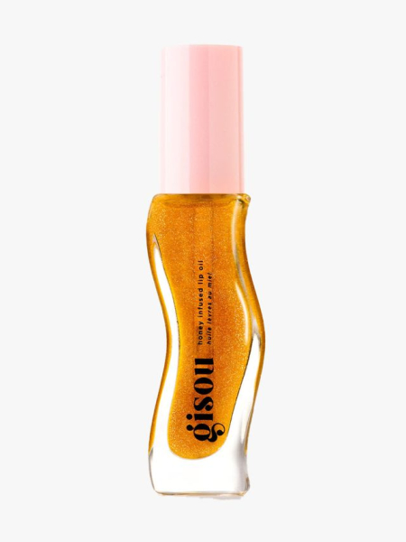 Gisou Honey Infused Lip Oil squiggly vial of bronze shimmer lip oil with pink cap on light gray background