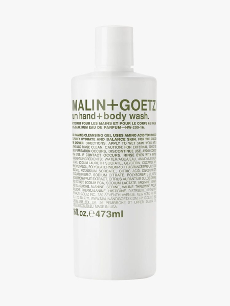 Malin + Goetz Essential Hand + Body Wash white bottle with green text on light gray background