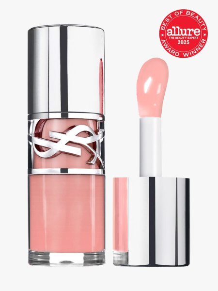 YSL Loveshine Plumping Lip Oil Gloss in branded clear tube with silver cap with attached doe foot applicator on light gray background with red Allure Best of Beauty seal in the top right corner