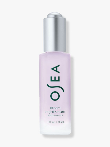 Osea Dream Night Serum purple and silver serum bottle on light gray background