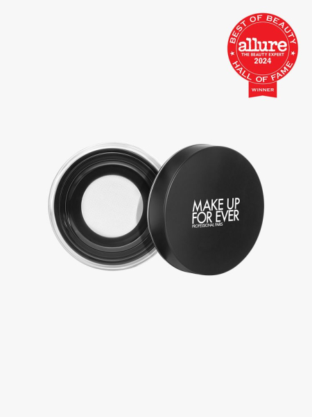 Make Up For Ever HD Microfinish Powder black jar of white translucent powder on light gray background with red Allure Best of Beauty Hall of Fame seal in the top right corner