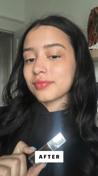 Rengifo after applying the Clinique Pop Lip  Cheek Oil in Black Honey to her lips and cheeks.