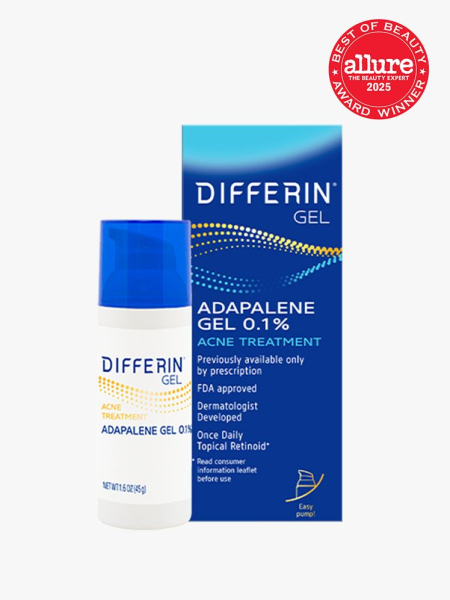 Differin 0.1% Adapalene Gel blue box and blue and white bottle on light gray background with red Allure Best of Beauty seal in the top right corner