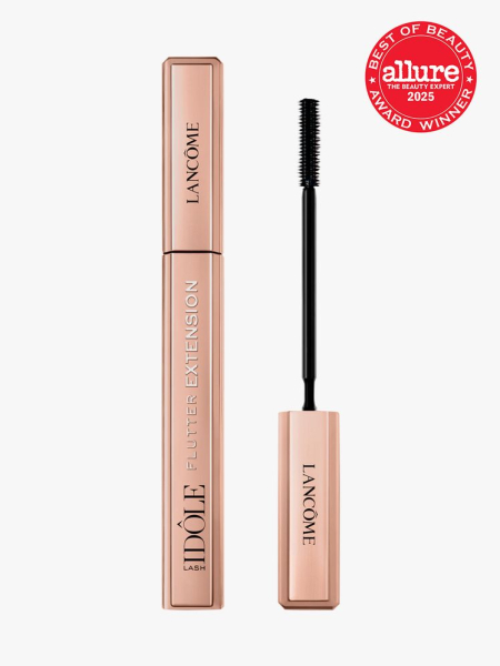 Lancôme Lash Idôle Flutter Extension Lengthening Mascara rose gold tube of mascara on light gray background with red Allure Best of Beauty seal in the top right corner