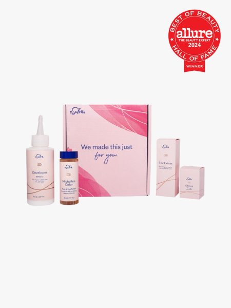 eSalon Custom Hair Color Set pink hair dye products on light gray background with red Allure Best of Beauty Hall of Fame seal in the top right corner